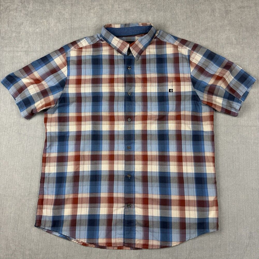 Marmot Short Sleeve Plaid Button-Down Shirt in Blue, Brown, Cream